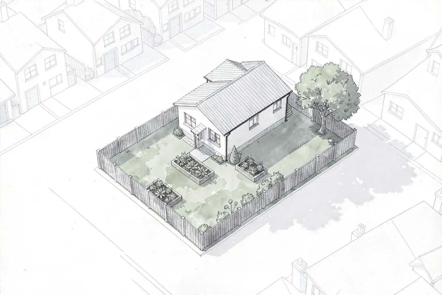 Drawing: a house and its fenced back garden seen from above, with raised vegetable beds and a tree casting a long afternoon shadow