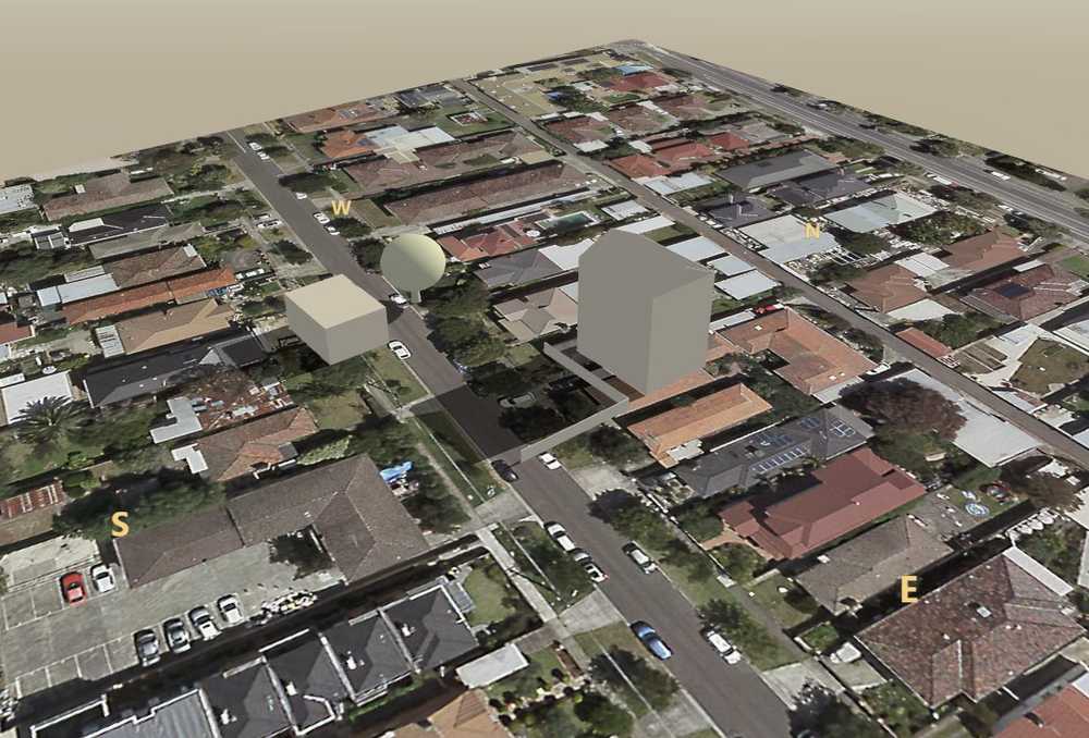 A traced house, a neighbour's house and a tree standing as pale models over an aerial photo of a suburban street, each casting a shadow