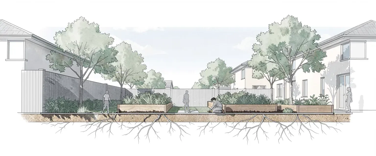 Drawing: a cross-section through a narrow garden between two houses, afternoon sun lighting the vegetable beds on one side