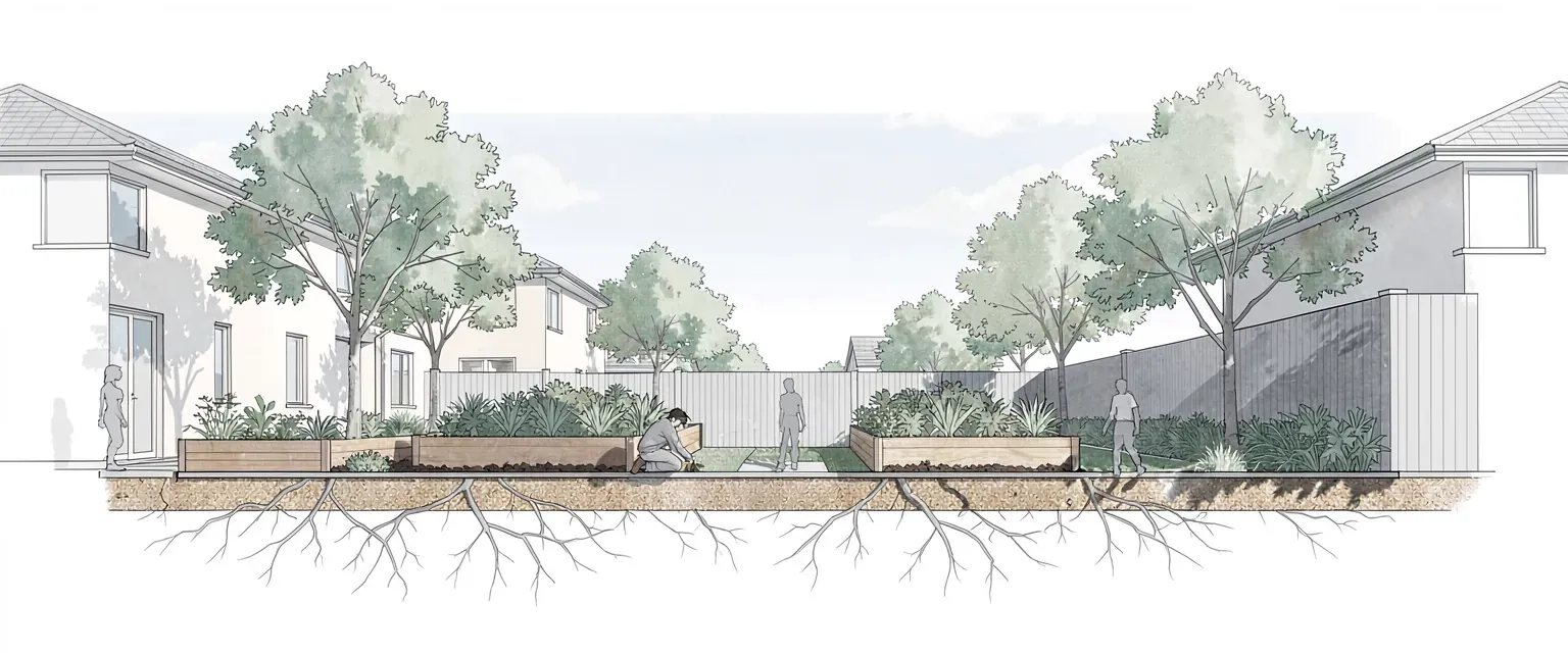 Drawing: a cross-section through a narrow garden between two houses, morning sun lighting the vegetable beds on one side