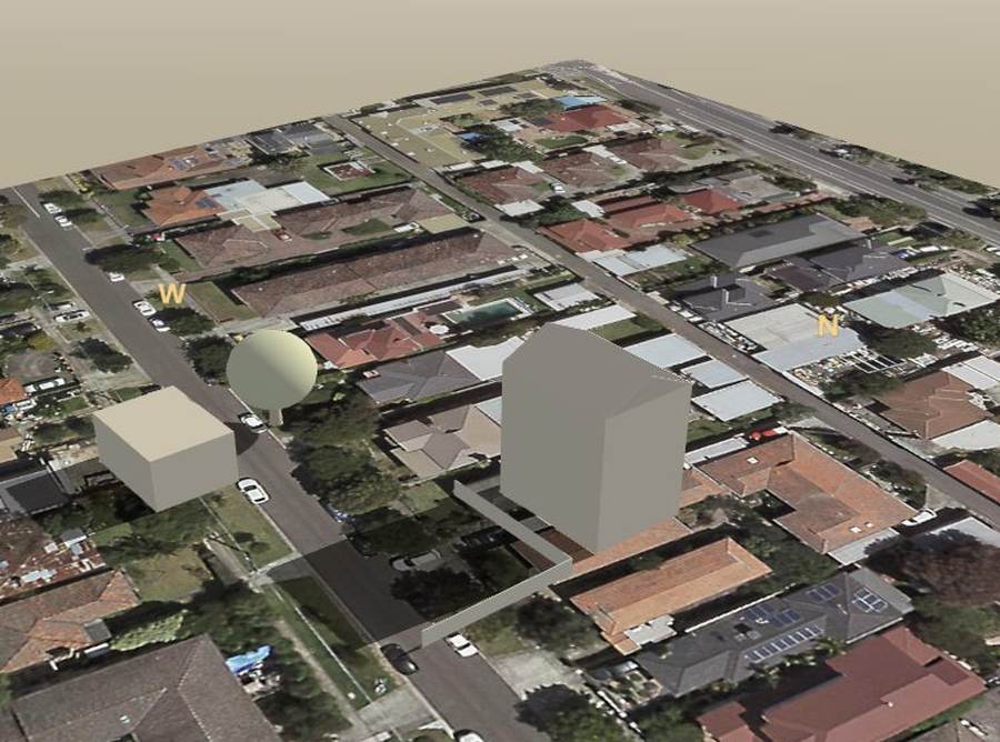 The same property traced, with the shadow of the neighbour's house falling across the back garden